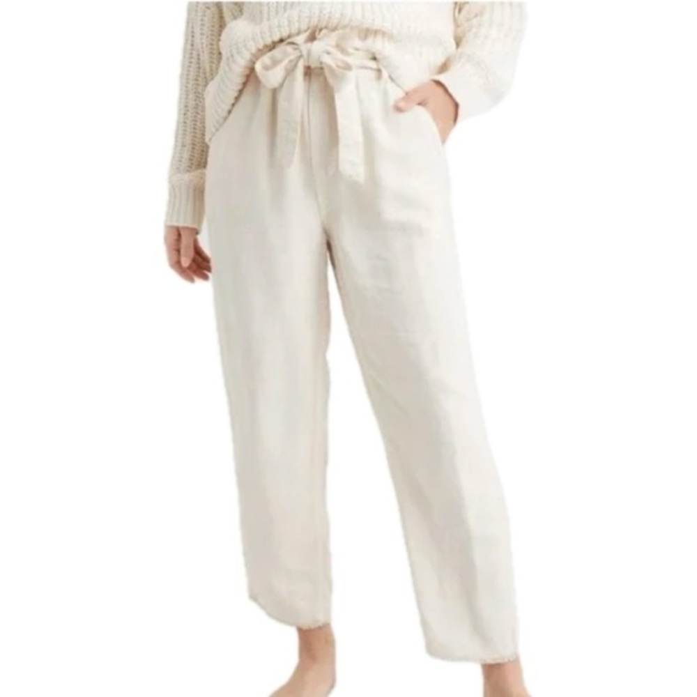 Ambiance Apparel Paperbag Waist Linen Blend Pants in Natural Ivory
